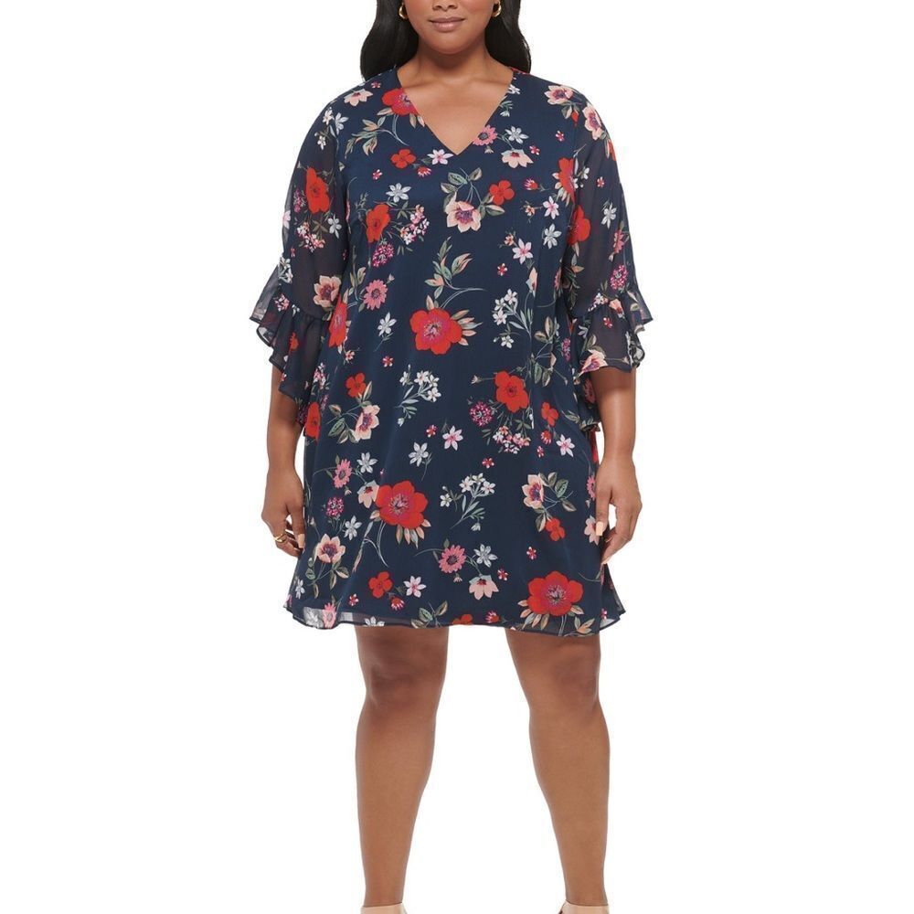 Calvin Klein Plus Size Navy Chiffon 3/4 Sleeve Shift Floral Dress Sz 16W NWOT